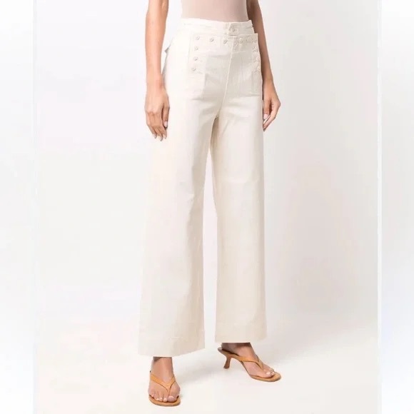 Tory Burch Button Fly Wide Leg Preppy Denim Cream High Rise Sailor Pants Size 2 - Picture 2 of 16
